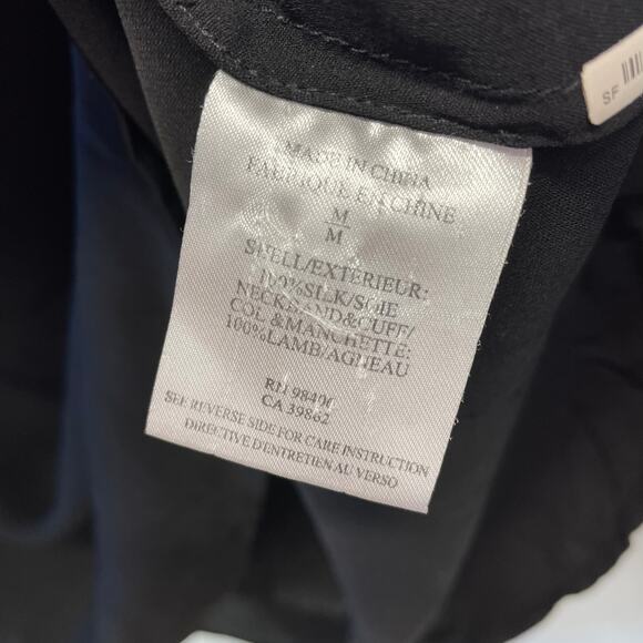 Theory Kyna Leather Trim Silk Black Long Sleeve Blouse Assymetrical Size 8 - Picture 8 of 9